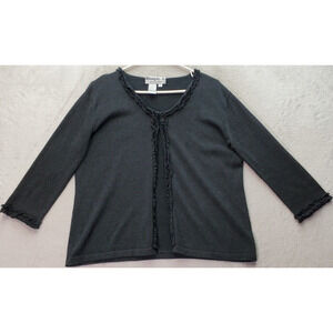 Joseph A Cardigan Sweater Womens XL Black Metallic‎ Ruffle Trim Hook & Eye Front